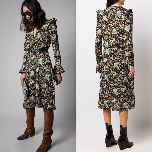 NEW ZADIG VOLTAIRE Circus Print Long Sleeve Tie Cuff Ruffled Button Up Dress XS - Picture 3 of 16